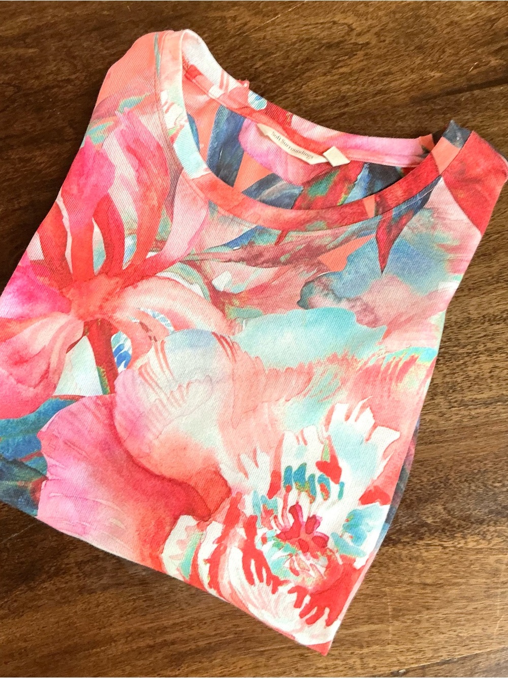 Soft Surroundings Coral Pink Floral Tropical 3/4 Sleeve Tee